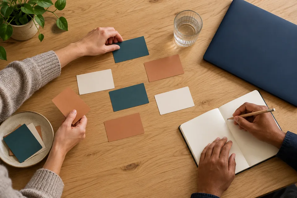 Illustrative collaboration: two people arranging planning cards and noting requirements.