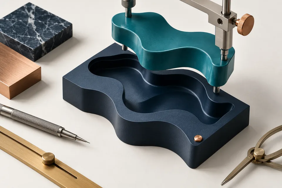 Visual metaphor for custom software: a shaped component fitting its foundation.