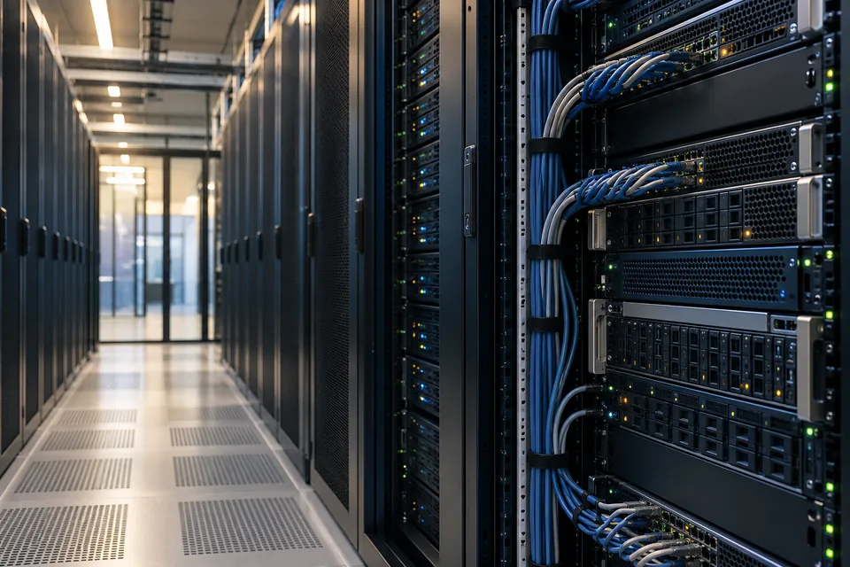 Illustrative view of server racks used to run web applications.