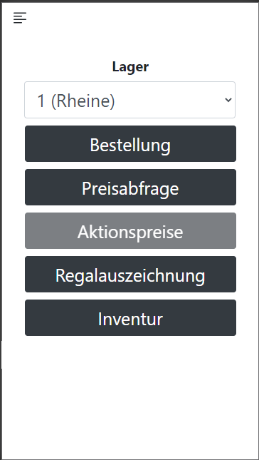 Bedienoberfläche der mobilen Datenerfassung mit Lagerauswahl, Bestellung, Preisabfrage, Regalauszeichnung und Inventur