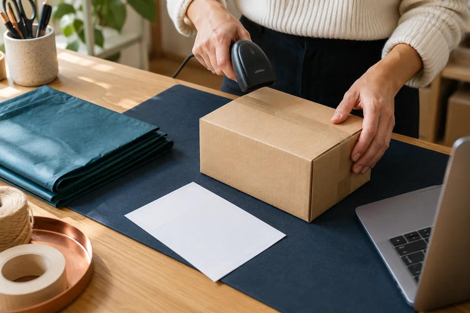 Illustrative scene: an order being handled at a fulfilment workstation.