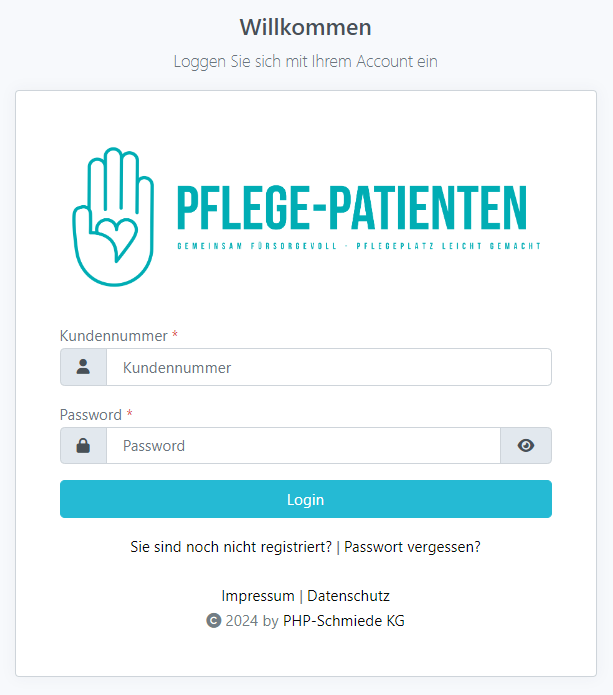 Anmeldung der Plattform Pflege-Patienten mit Kundennummer