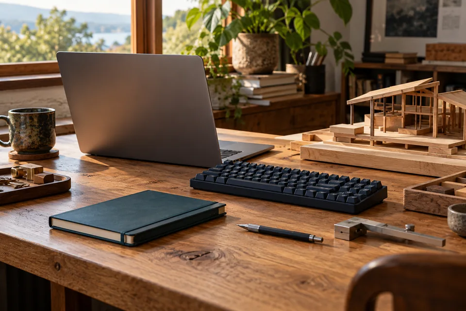 Illustrative workspace with a laptop, notebook and handcrafted model.