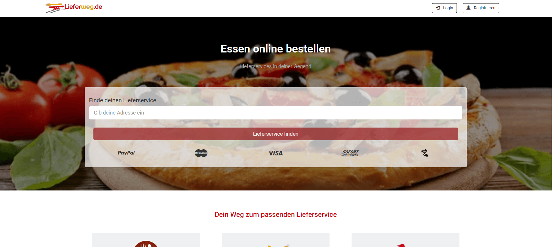Startseite der Marktplatzanwendung Lieferweg.de mit Umkreissuche nach Lieferdiensten